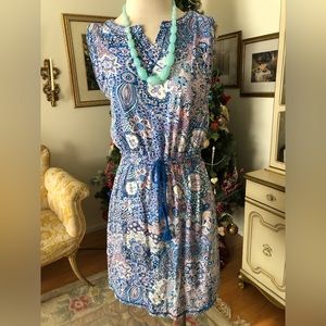 T by Talbots excellent condition blue print sleeveless tie waist dress size M